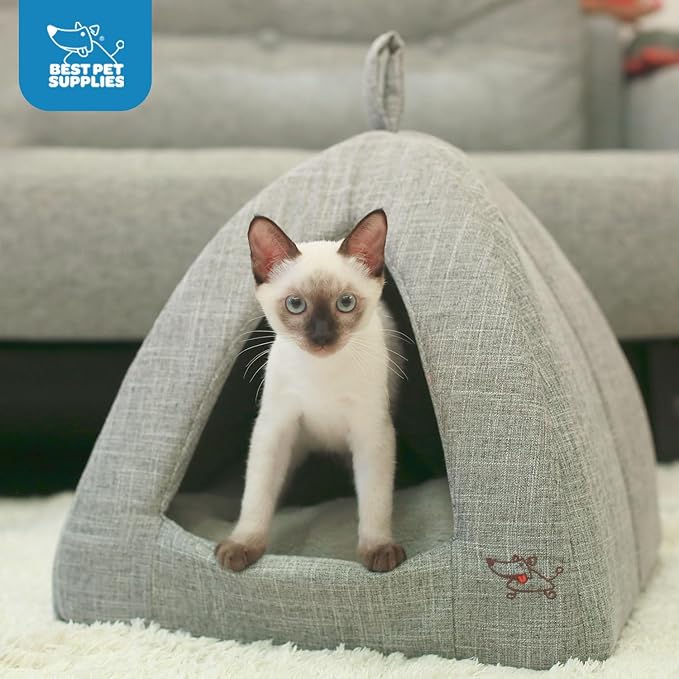 Best Pet Supplies Dog House Bed Crate Mat Tent Indoor Round Soft Plush for Small, Medium, and Large Breeds - Gray Linen, 16" x 16" x H:14"