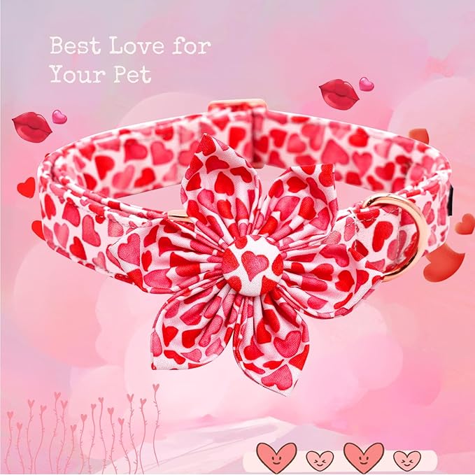 Lionheart glory Valentine's Day Dog Collar with Flower Dog Collars Red Hearts Dogs Collar with Bowtie for Large Dogs Spring Puppy Pet Collars Bows