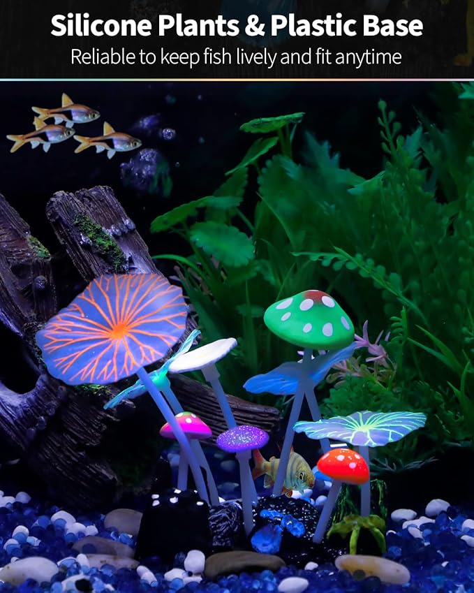 Uniclife Aquarium Coral Plant Ornament with Glowing Effect Imitative Mushroom Lotus Leaf Decoration Addition Colorful Lifelike Silicone Decor for Fish Tank Landscape
