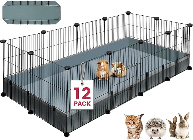 12 Panels Small Animal Playpen, 48" x 24" x 16" Pet Playpen with Waterproof Mat, C&C Cage for Guinea Pigs, Puppy Play Pen, Bunny Playpen, Indoor Outdoor Portable Metal Wire Yard Fence