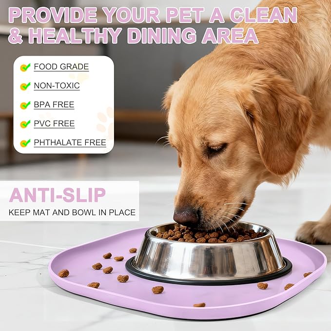 Small Silicone Pet Food Mat with Raised Edge for Food and Water Bowl, Square Dog Feeding Mats, Cat Food Trays for Floor Waterproof, Rubber Tray for Dogs and Cats, 12 x 12 x 0.7 Lavender