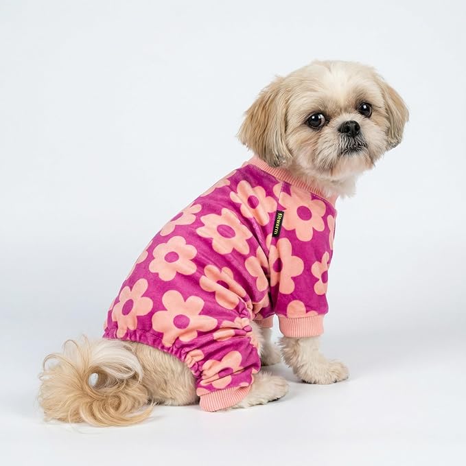 Fitwarm Flower Fleece Dog Pajamas, Warm Winter Dog Clothes for Small Dogs Girl, Cozy Pet Onesie with Feet, Pink, Medium