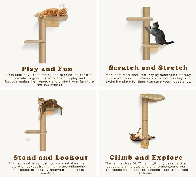 Wild Simulation Cat Tree for Kittens, 5-Level Floor to Ceiling Cat Wall Shelves with Sisal Mat Platforms, Rotating Wall-Mounted Climbing Tower for Scratch, Lookout & Perch