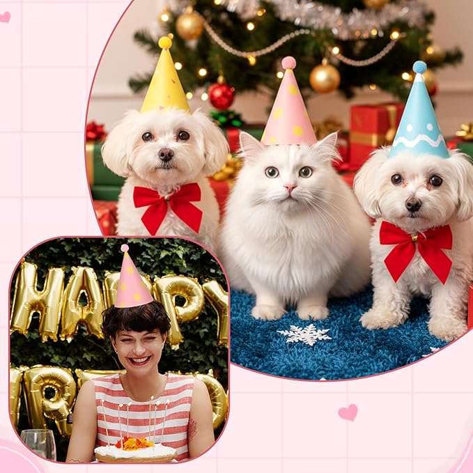 6 Pcs Birthday Hats for Dog/Cat, Mini Party Hats for Stuffed Animals, Adjustable Birthday Party Hat, Pet Accessories for Dolls, Dog, Cat, Small Animals (Multi-Color)
