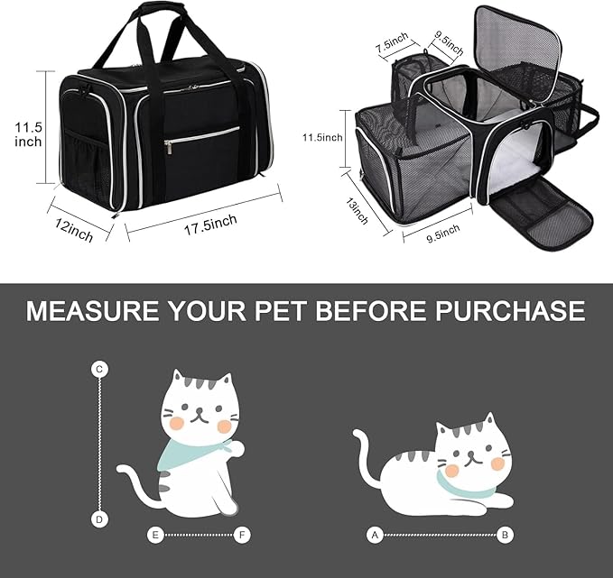 BAGLHER Expandable Cat Carrier with Travel Litter Box, Pet Travel 5 Sides Open Doors 3 Sides, Leak-Proof and Collapsible, for Car, Airplane Trip, Black