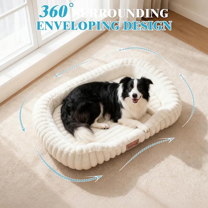 Washable Dog Bed for Extra Large Dogs - XL Soft Plush Furry Calming Dog Bed with Removable Zipper Cover, Orthopedic Rectangle Anti-Anxiety Pet Kennel Bed with Handle, 43x31x5inches, Cream