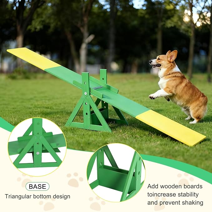 94.5" Adjustable Dog Agility Seesaw 4-Level Height Training Teeter for Small to Large Dogs Sturdy Wooden Dog Agility Equipment with Non-Slip Surface for Backyard Exercise Confidence Course (Seesaw)