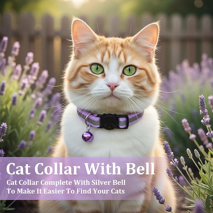 TIESOME 6 Pcs Reflective Cat Collar with Bell, Breakaway and Safe Collars for Cats, Nylon, Pet Collar Mixed Colors Adjustable 7.8-12.6 Inch