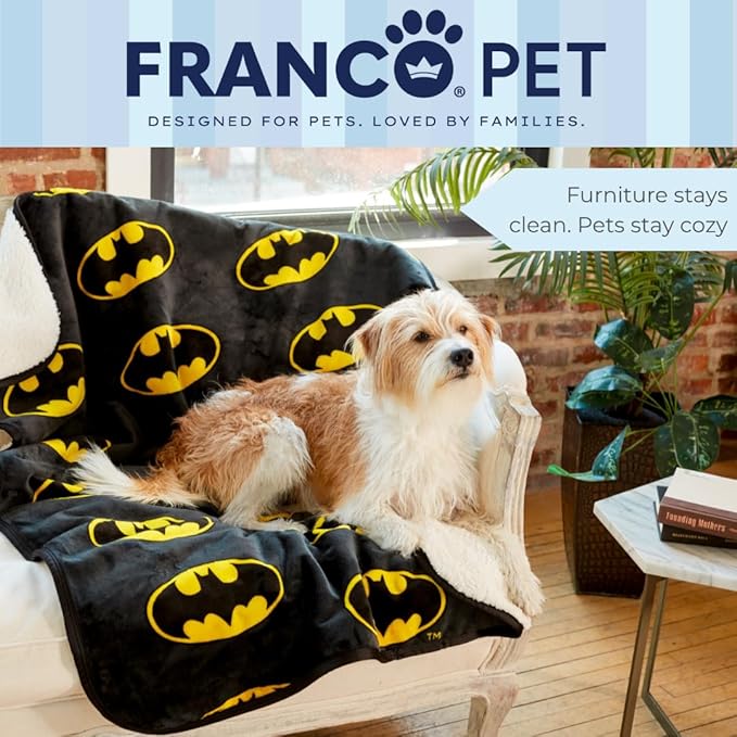 Franco Pet Batman DC Comics Bat Shield Logo Super Soft Cozy Waterproof Sherpa-Backed Blanket Throw for Medium Dogs, Couch/Bed/Car, 40x50 (Officially Licensed Product)