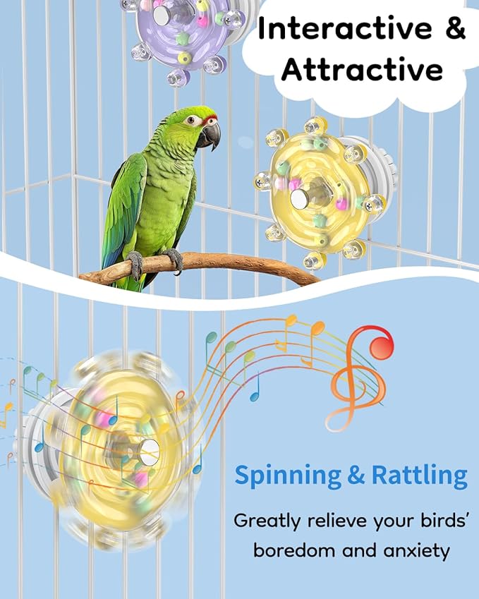 Pawfly 2 Pcs Bird Toys for Parakeets, Colorful Spinning Wheel Chew Toys, Interactive Spinner Rattle Parrot Toys, Cockatiel Toys, Parakeet Toys, Bird Cage Accessories for Entertainment Chewing Exercise