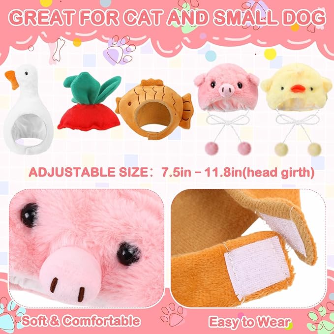 Weewooday 5 Pcs Cat Adorable Costume Pig Chick Goose Watermelon Taiyaki Fish Cat Hat for Pets and Small Dogs Kitten Puppy Party Costume Accessory Headwear