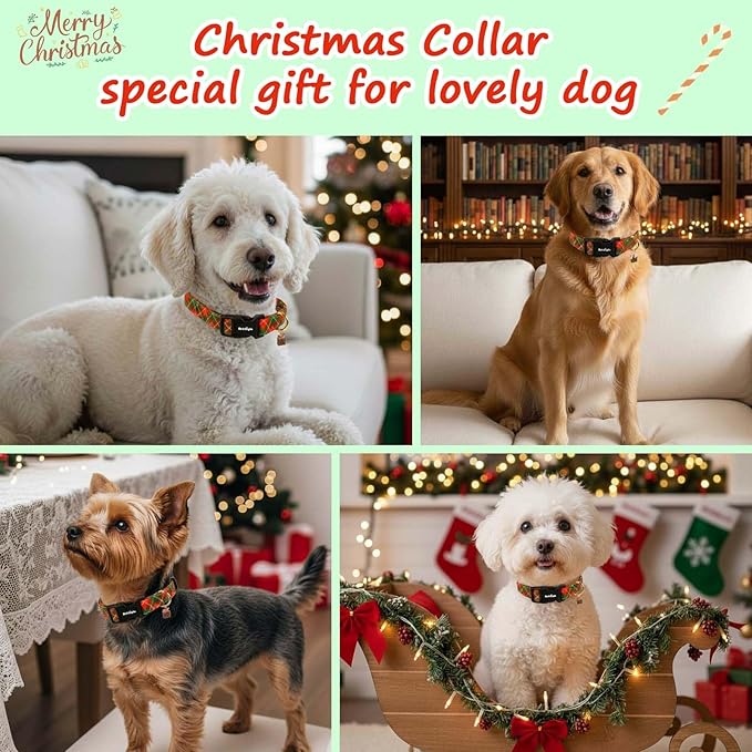 Medium Christmas Dog Collar,Adjustable Dog Christmas Collars, Red Green Plaid Puppy Collar, Cute Dog Collars Holiday Collar for Girl Boy Dogs-M