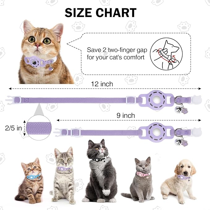 Airtag Cat Collar Breakaway, Stretchy Cat Tracker Collar with Apple Air Tag Holder for Boy Girl Cats, Elastic GPS Tracking Collars for Kittens and Puppies, Adjustable 9"-12" Purple