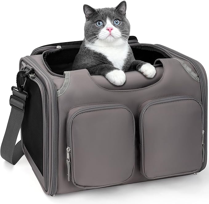 Dog, Cat Carrier for Pets Up to 15 Lbs, Airline Approved Collapsible Soft-Sided Pet Travel Bag with Locking Zippers, Breathable Mesh and 4 Large Pockets, Removable Fleece Pad (Grey)
