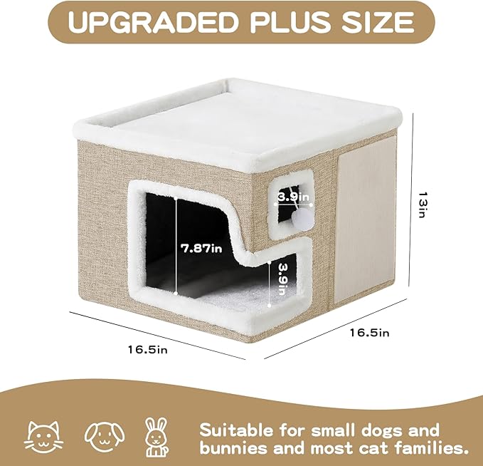 Cat Houses for Indoor Cats, Covered Cat Cave Bed with Scratch Pad and Fluffy Ball, Foldable Cat Hideaway Condo for Large Cats, Modern Kitten Bed,16.5x16.5x13 inches (Khaki‌, L)