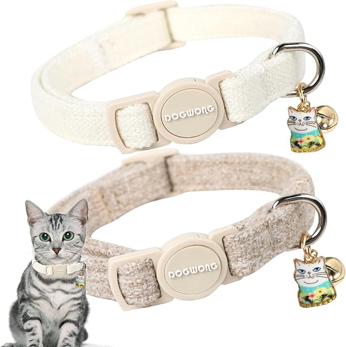 Cat Collar,2 Pack White Hemp Cat Collars Breakaway with Bell, DOGWONG Safety Buckle Wedding Cat Collar for Girl Boy Cats and Small Dogs，Adjustable 7-12 Inch,Pet Supplies Accessories