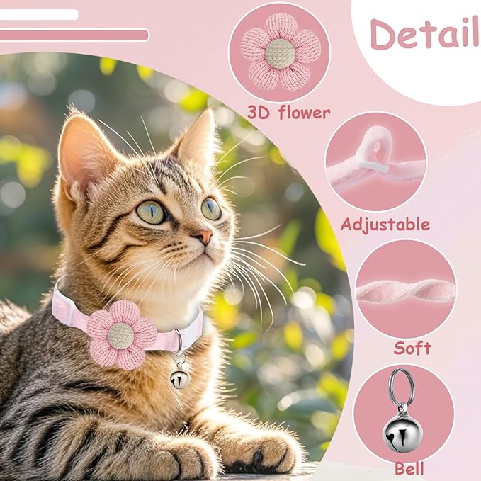 Breakaway Cat Collars with Bells, MUZIEBA Kitten Collar for Girl Boy Adjustable Safety Kitty Collars for Cats Puppy and Small Pets (Pink)