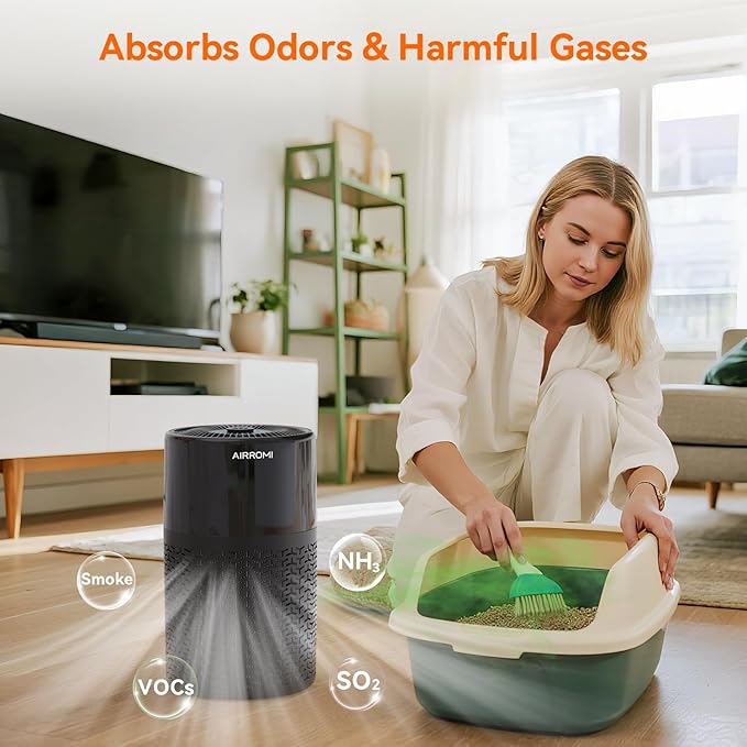 AIRROMI Pets Air Purifier for Home Allergies,Up to 660 ft².HEPA Deodorizing Activated Carbon Filter,With Fragrance Sponge for Better Sleep,Night Light,Pet Dander,Smoke,Odors,Air Cleaner A2002 Black