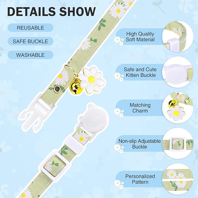 3 Pack Breakaway Cat Collars with Bell- Daisy Pendant Spring Cat Collar for Girl Boy Cats with Safety Buckle- Cute Kitten Collar Adjustable 8"-12" for Kitty Puppy Small Pets