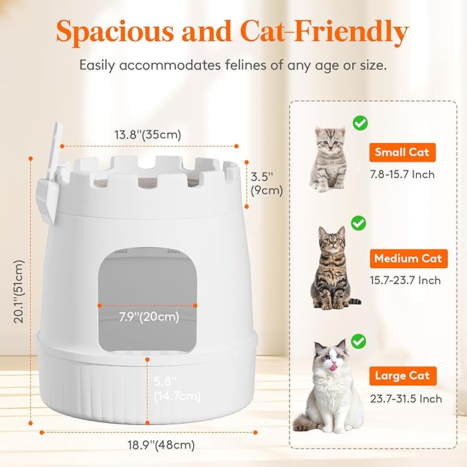 Lifewit Cat Litter Box, Hidden Enclosure Litter Tray with Odor Control & Carbon Filter in Living Room, Bedroom, Corner with Castle Scratching Board& Plastic Scoop, 48 x 54 cm/19x20, White