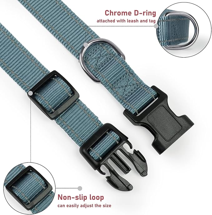 Reflective Dog Collar with Buckle Adjustable Safety Nylon Collars for Small Medium Large Dogs, Grey XS