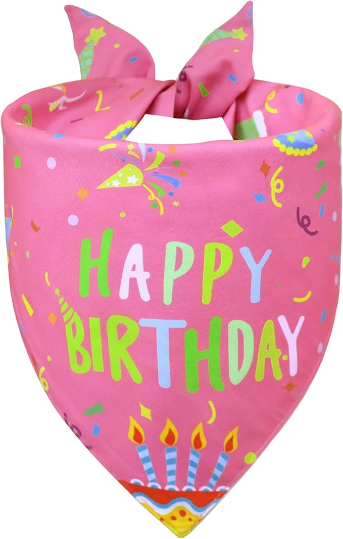 Dog Birthday Bandana Girl for Medium Large Dogs, Reversible 2 Patterns in 1, Pink Confetti Scarf, Happy Birthday Party Outfit Puppy Gift (14-18" Neck)