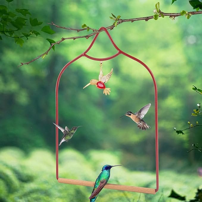 Hummingbird Swing - Metal Hummingbird Swings and Perches with Wooden Dowel for Outdoor Garden Patio Backyard Hanging, Bird Essentials