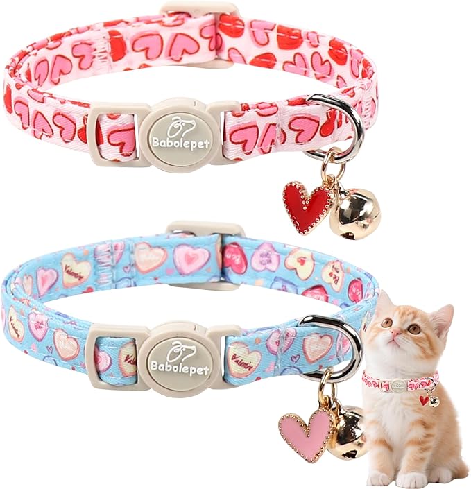 2 Pack Valentines Cat Collars - Valentine Breakaway Cat Collar with Bell, Pink and Red Heart Pendant, Adjustable Kitten Collars for Girl Boy Cats, Sweet Hearts