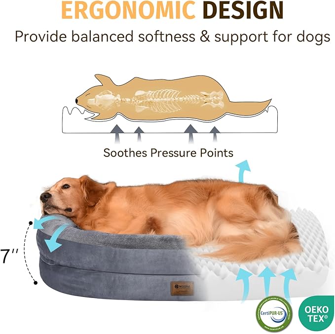 Orthopedic Waterproof Large Dog Bed: Memory Foam Washable Dog Bed with Bolsters -Removable Orthopedic Cover for Medium L XL Large Sized Pet-Non-Slip