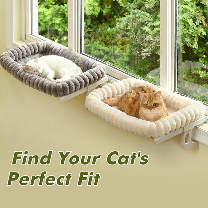 Cloud-Cuddle Cat Window Perch with 4-Sided Bolster, Zipper Design Cushion Window Seat for Window Sill, Sturdy Metal Frame & Easy Assembly Pet Hammock Bed for Indoor Cats (White, Large)