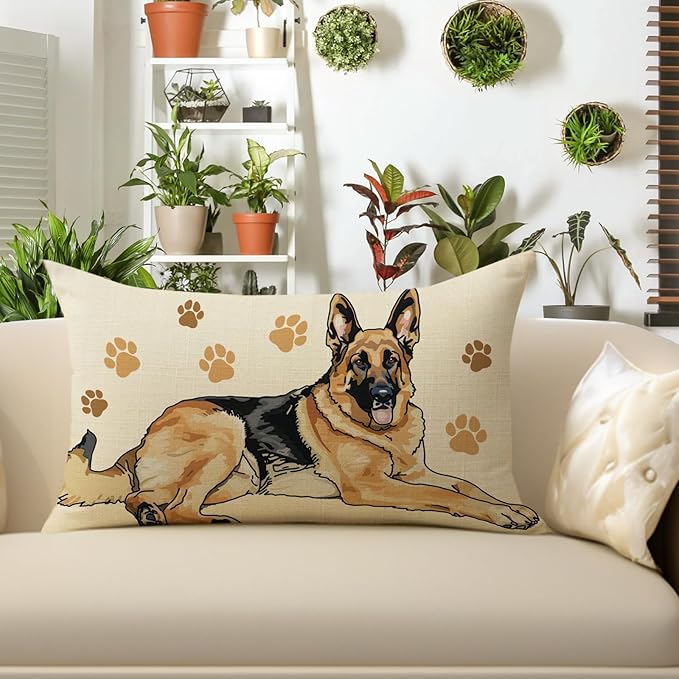 German Shepherd Dog Lumbar Decorative Throw Pillow Cover 12 x 20, Rectangular Paw Prints Outdoor Home Decor Pet Owner Lover Gift, Sofa Couch Cushion Case Housewarming Gifts