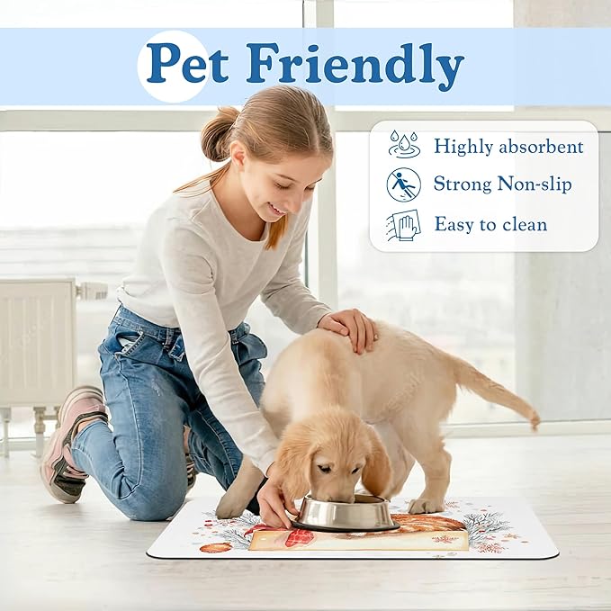 Cat Dog Cat Food Mat–Christmas Stocking Absorbent Waterproof Placemat for Food and Water Bowls, Non Slip Rubber Backing, Feeding Mat for Clean Floors 12"x20"