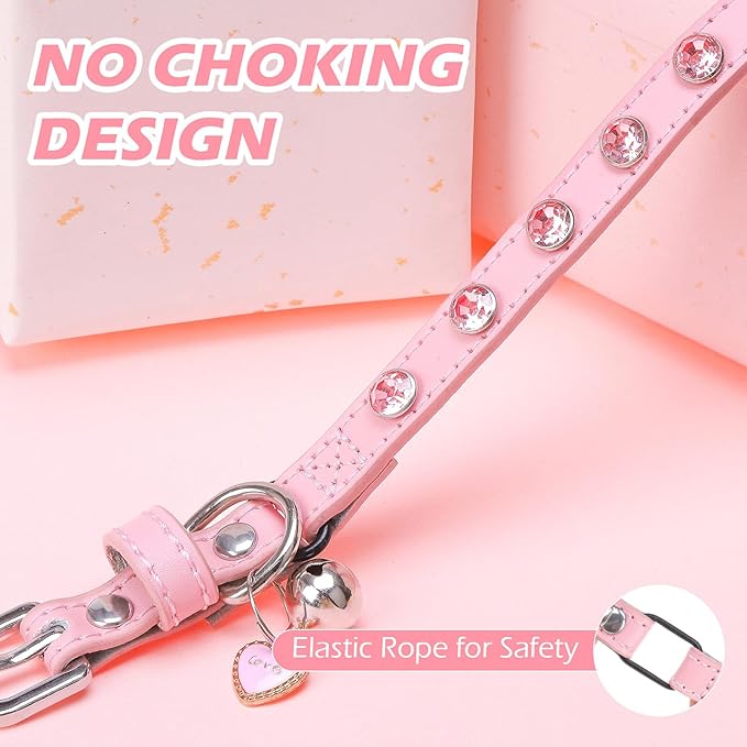 EXPAWLORER Leather Cat Collar for Girl Boy- Adjustable Pet Collar with Safety Elastic Belt,Personalized Rhinestone Accessories Buckle Collars with Bell & Durable D-Ring,Rhinestone (Pink)