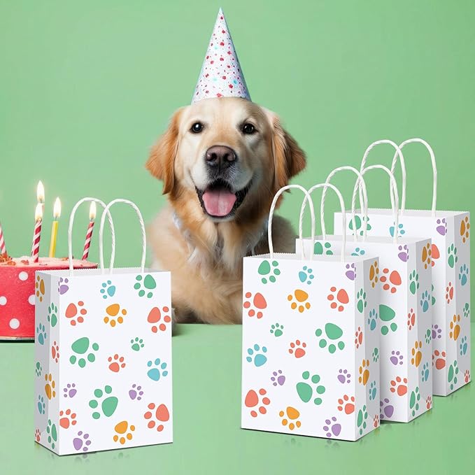 Blulu 20 Pcs Spring Puppy Dog Paw Gift Bags with Handles, Dog Paper Treat Goodie Bags for Animal Pet Party Favors, 6.3 x 3.1 x 8.6 Inch
