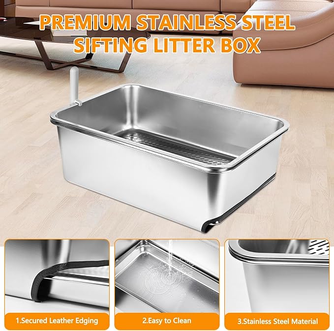 23.5" x 15.7" x 8" Stainless Steel Sifting Litter Box for Pine Pellets, XXL Large Pull-Out Cat Litter Box for Big Cats with High Sides, Metal Cat Litter Pan with Plastic Scoop &10 Urine Pads