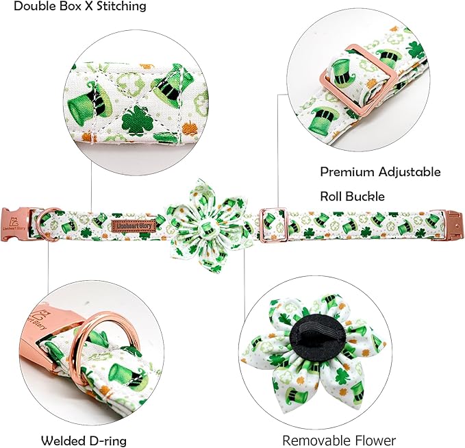 Lionheart glory St. Patrick's Day Dog Collar with Flower Dogs Collar,Soft Green Lucky Clover Shamrock Dog Collars Flower for X-Small Dogs Puppy Soft Collars Bows Heavy Duty