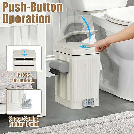 Dog Poop Trash Can for Outside & Indoor, 5L/1.3Gal Small Odor Control Pet Waste Bin with Carbon Filter, 2-Way Open (Step & Press Top), Dog Waste Container with Trash Bag Holder, White