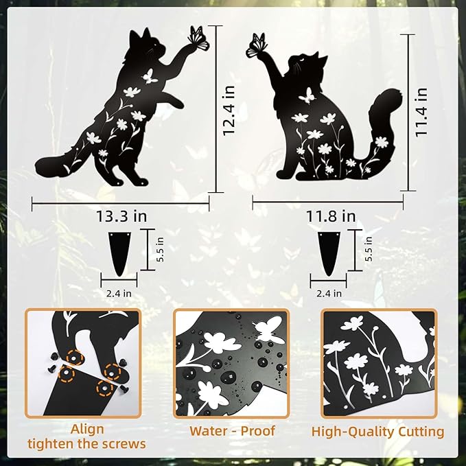 Bnesi Floral Long-Haired Cat Yard Decor Pet Grave Markers Metal Sign Silhouette Garden Ornament Pet Grave Markers Outdoor Cat Memorial Gift Flowerbed Decor (Lively)