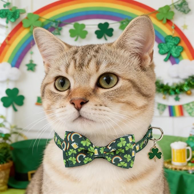 KOOLTAIL St Patricks Day Cat Collars Breakaway with Bowtie and Bells,3 Pack Adjustable Fancy Easter Kitten Collar with Safety Buckle for Girls Boys Kitty,Cute Cat Charm Pendant Holiday