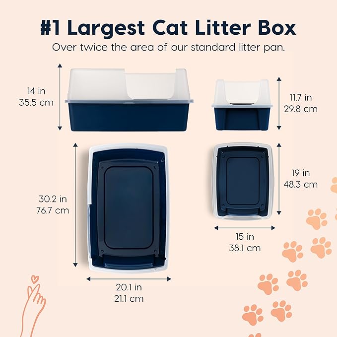 IRIS USA XX-Large Side Entry Cat Litter Box, Open Top Extra Large Litter Box for Big Cats and Multi-Cat Households, High Sided Scatter Shield, Easy to Clean, 30" L x 20" W x 14" H, Navy