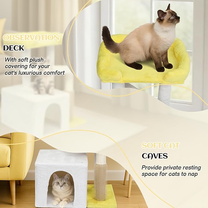 VINGLI Cat Tree, 27 inch Small Cat Tower with Scratching Post and Pad, Cat Condo for Indoor Kittens Padded Top Bed, Cats Indoor Activity Center (Yellow & White)