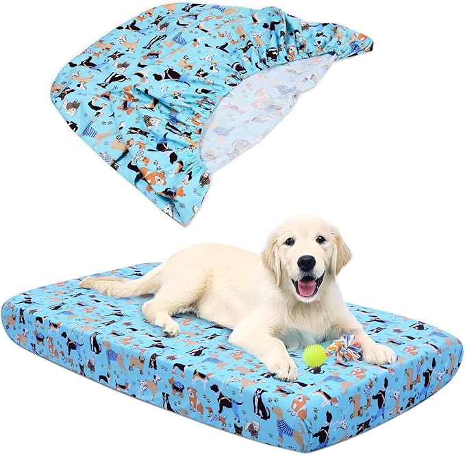 Dog Bed Covers Replacement Washable, Elastic Edged Pet Bed Protector with Cute Dog Pattern Design for Small & Medium Pet Beds, Cover Only (Blue, 36x27x6 Inch)