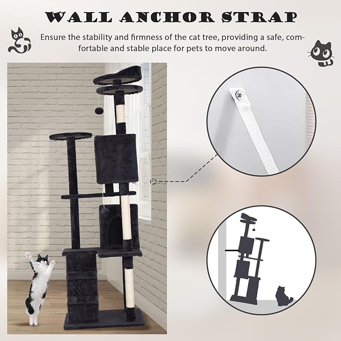 Heavy Duty Cat Tree Tower, 70" Tall Cat Tower for Indoor Cats with Cat Scratching Post with Bed, Cat Condo, Hanging Ball, Multi-Level Cat Climbing Tower Cat Trees Furniture Activity Center, Dark Grey