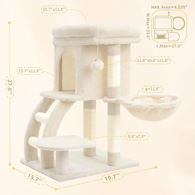 Heybly Cat Tree Tower, Cat condo for Indoor Kittens, Cat House with Wide Plush Top Perch, Ladder, Basket, Sisal-Covered Scratching Posts, Cozy Activity Center for pet, Beige HCT009SM