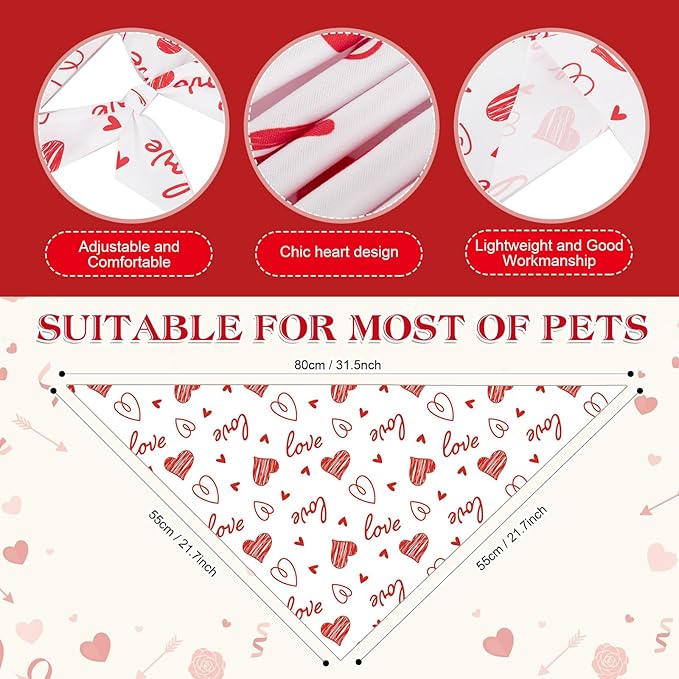 Weewooday 50 Pcs Valentine's Day Dog Bandanas Bulk for Dogs Soft Bibs Adjustable Triangle Heart Lips Bandana for Small Medium Large Pet Costume(Valentine, 31.5 x 21.7 X21.7 Inch)