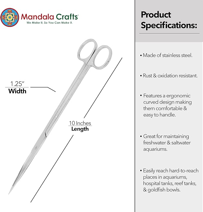 Mandala Crafts 10 Inches Silver Stainless Steel Straight Aquarium Scissors for Trimming Aquatic Plants – Long Aquascape Scissors for Fish Tanks, Hospital Tanks, Goldfish Bowls, and Terrariums