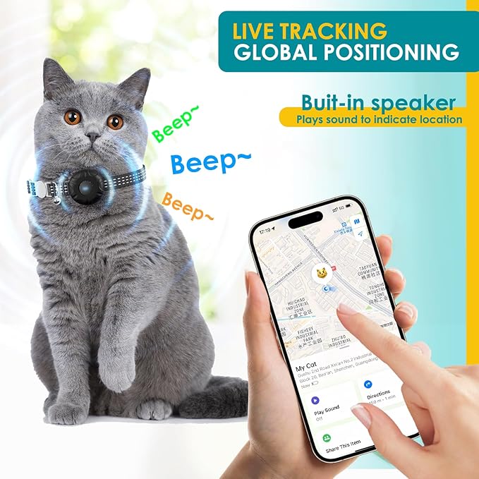 GPS Tracker, Waterproof Pet Tracker for Cats, Cat GPS Tracker Collar with Safety Elastic Buckle, Compatible with Apple Find My App (Only iOS), No Monthly Fee (Black Tracker, Cat Collar)