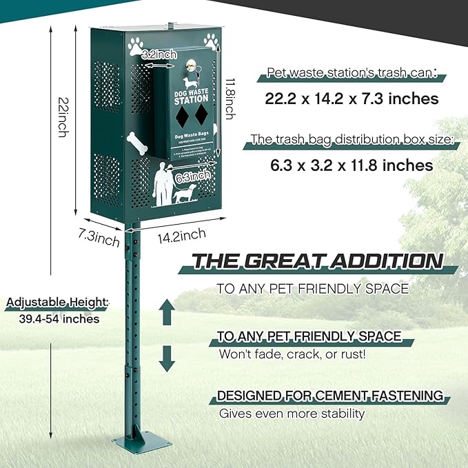 Abbylike Compact Dog Waste Station Outdoor - Pet Poop Waste Bag Dispenser & Litter Bin Combo, Pet Trash Bin Height Adjustable with Reflective Sign for Backyard Commercial Park Trail Yard