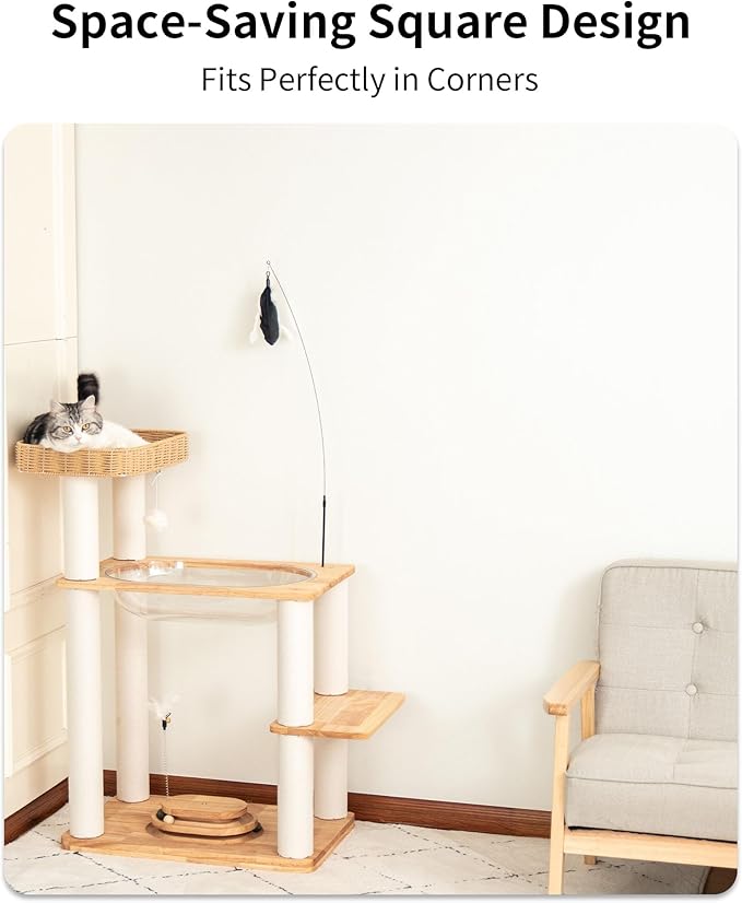 Wood Cat Tree for Large Cats, Modern Cat Tree Tower with Wide Shelves Cotton Scratching Posts, Super Sturdy Base, Cozy Perches, and Interactive Toys for Indoor Kittens