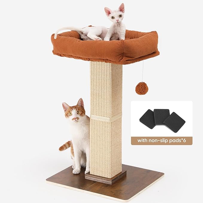 FUKUMARU Cat Scratching Post, Retro-Style Tall Scratch Posts with Perch for Infoor Cats Adults, Large Cat Scratcher Tower with Bed, Natural Sisal & Solid Wood
